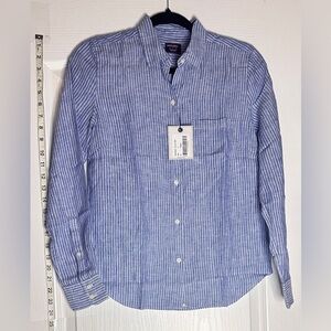 UNTUCKit Women's Blue Linen Striped Button Down Shirt